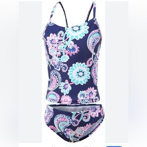 Girls Two Piece Tankini Swimsuit Paisley Padded Swimwear Bathing Suit Set 15/16
